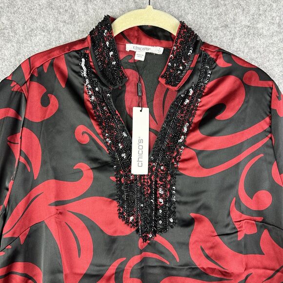 Chicos Top Blouse Size 1 Embellished Tunic Festive Scroll LS Allure Red NEW $129 - Picture 2 of 15
